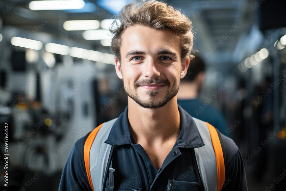 Poster A good looking young trainee smiling standing at a CNC milling machine at factory. Generative AI.