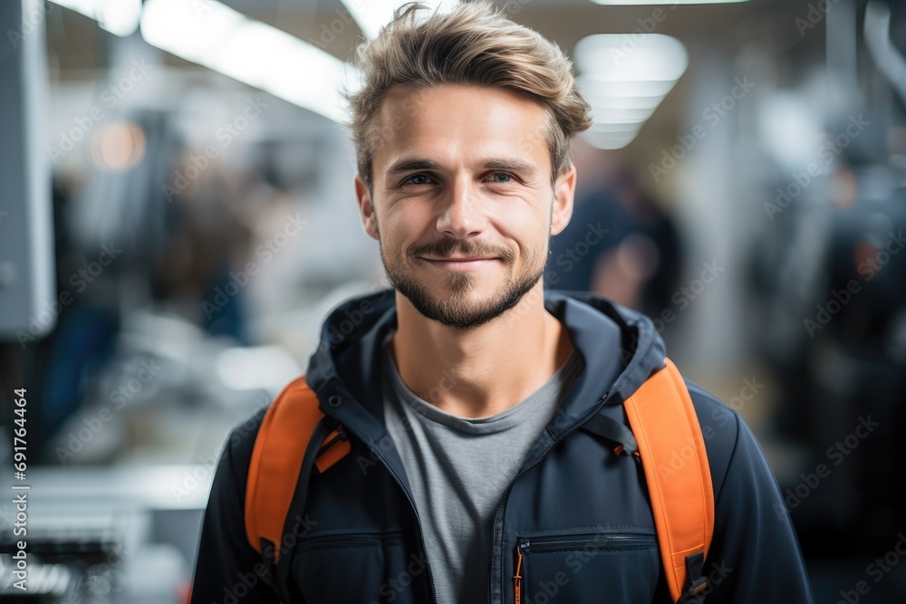 Poster A good looking young trainee smiling standing at a CNC milling machine at factory. Generative AI.