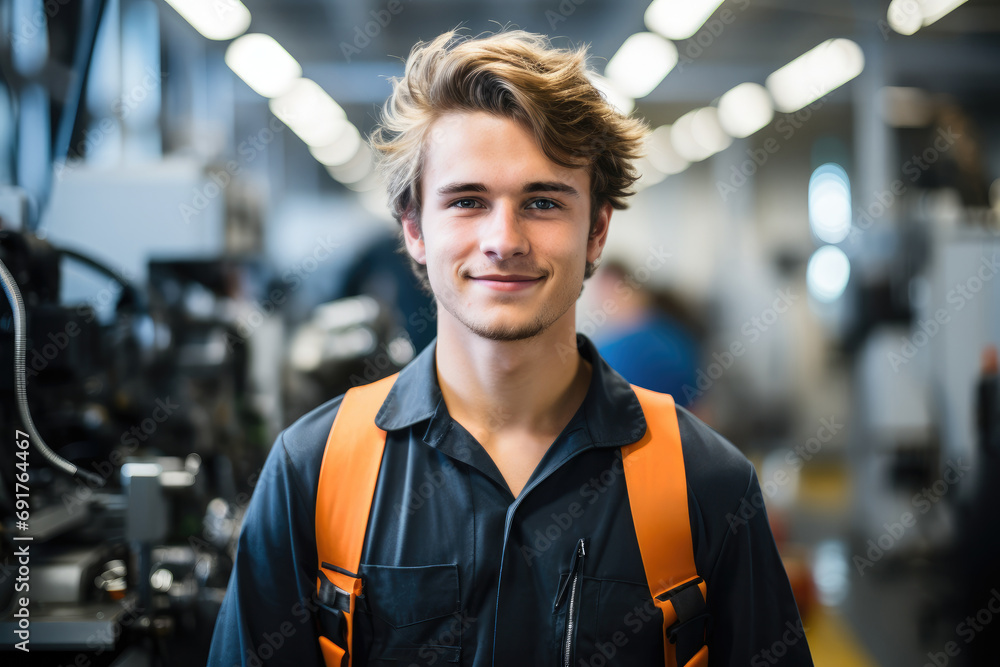Poster A good looking young trainee smiling standing at a CNC milling machine at factory. Generative AI.