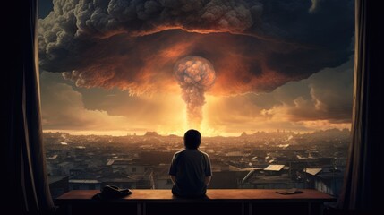 Child sitting by the window looking at the nuclear blast. Apocalyptic image. AI Generated