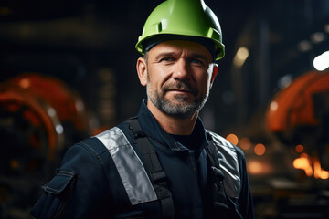 Metalworker in personal protective equipment stands at a metallurgical plant. Generative AI.