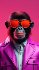 Portrait photorealistic of anthropomorphic fashion Monkey isolated on solid neon background. Creative animal concept. 
