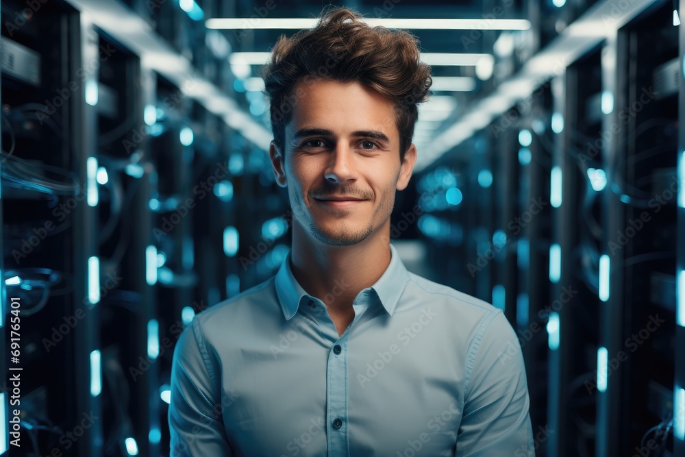 Leinwandbilder a network engineer standing in the modern bright server room. generative ai.