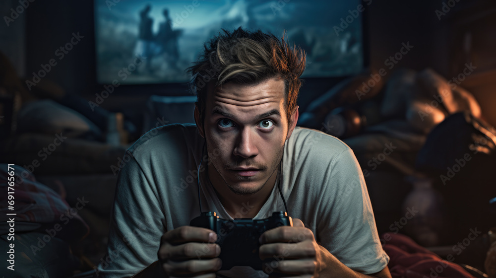 Poster Man bored playing video games. Generative AI.