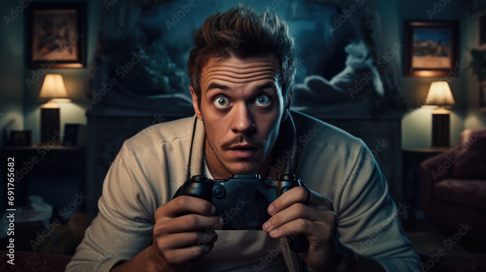Poster Man bored playing video games. Generative AI.