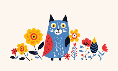 Collection doodles of cats, birds, flowers and butterflies on a white background