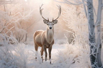 a reindeer in frosty forest