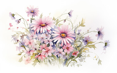 Obraz premium A bunch of beutiful wildflowers in watercolor style on white background. 