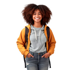 Young and happy Afro American female university student posing over white transparent background