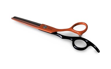 a pair of scissors with orange handles on a white background