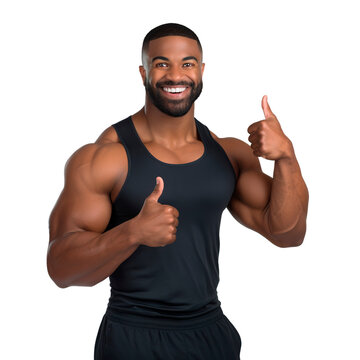 Cheerful bodybuilder African man doing thumb up and smiling at camera. Posing over isolated transparent background