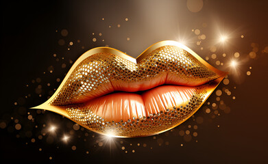 Closeup of golden lipstick. Makeup with metal gold lips. Generative AI illustration