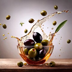 Fresh olives in oil, dynamic food photo