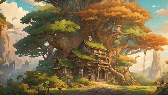 thick with sounds rustling leaves faint whispers, beckoning deeper into enchanted forest where dryads roam freely their towering, majestic homes. 2d animation