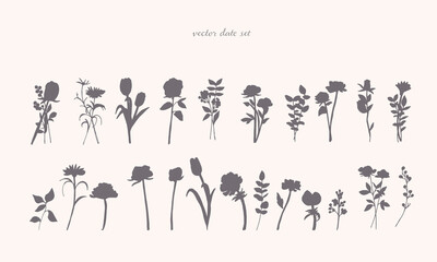 手書きの草木イラストベクター素材セット。植物の線画セット。葉っぱと花のナチュラル背景。Hand drawn plants and trees illustration vector material set. Line drawing set of plants. Natural background of leaves and flowers.