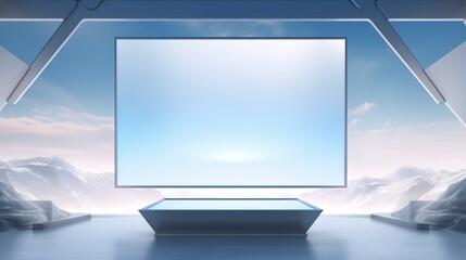 Fototapeta premium 3D Mockup podium poster fully empty Blank Frame, hanging on a cosmic-themed wall, 