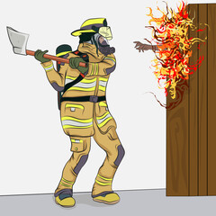 Firefighter man fighting intense fire.
