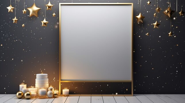 3D Mockup poster empty Blank Frame, hanging on a starry night background with silver and gold Christmas decorations, above a celestial-inspired modern display room