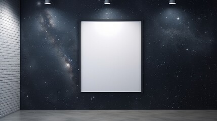 3D Mockup poster empty Blank Frame, hanging on a celestial galaxy wall, above a mystical display room