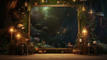 3D Mockup poster empty Blank Frame, hanging on an enchanted forest wall, above a fairy-tale-inspired display room