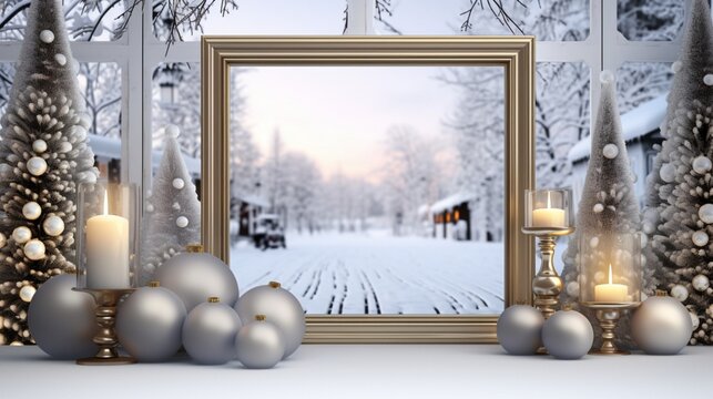 3D Mockup poster empty Blank Frame, hanging on a snowy village scene background with silver and gold Christmas decorations, above a quaint modern holiday display room
