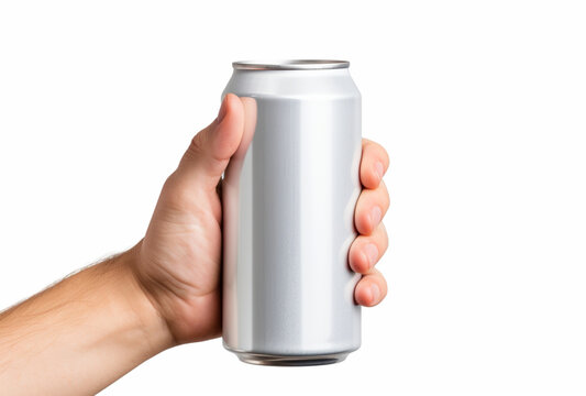 hand holding aluminum bottle, white background. Ai generated Images