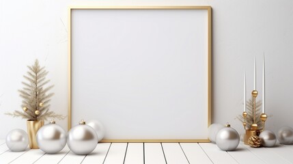 3D Mockup poster empty Blank Frame, hanging on an abstract background with silver and gold Christmas decorations on a white backdrop, above a modern winter wonderland display room - obrazy, fototapety, plakaty
