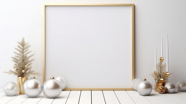 3D Mockup poster empty Blank Frame, hanging on an abstract background with silver and gold Christmas decorations on a white backdrop, above a modern winter wonderland display room