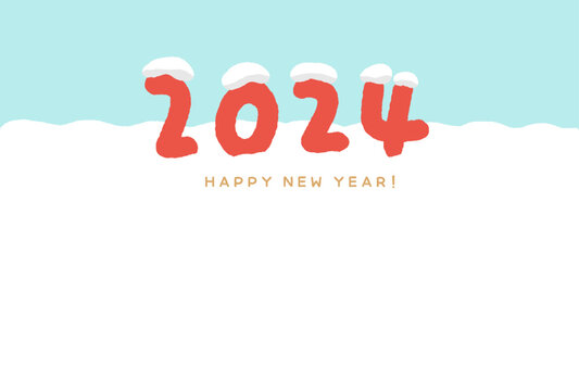 雪が積もった2024とHappy new yearの文字 - 手描きのかわいい年賀状やバナー素材 - はがき比率
