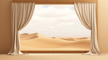 3D Mockup poster empty Blank Frame, hanging on a desert dunes wall, above a nomadic traveler-themed display room