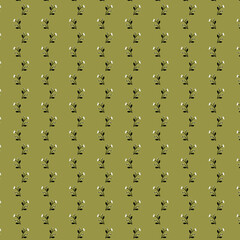 Simple romantic Ditsy dress floral fabric print White flowers and black leaves isolated on an olive mustard green background