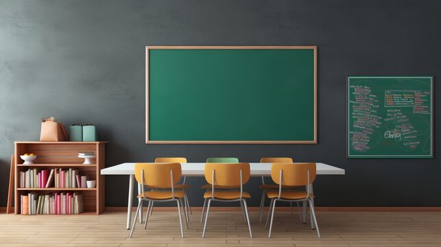 3D Mockup poster empty Blank Frame, hanging on a chalkboard wall, above a classroom-inspired display room - Powered by Adobe