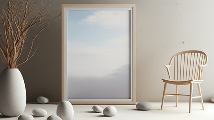 Fototapeta premium 3D Mockup poster empty Blank Frame, hanging on a celestial-inspired abstract background with stones, dry fruits, a vase, and a chair, above a cosmic modern display room