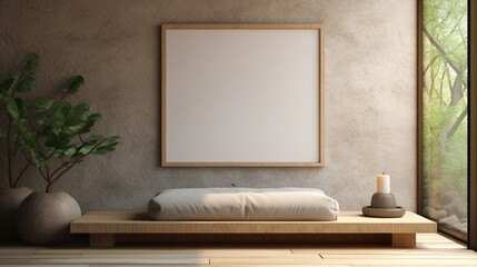 3D Mockup poster empty Blank Frame, hanging on a zen garden wall, above a meditation and relaxation-themed display room
