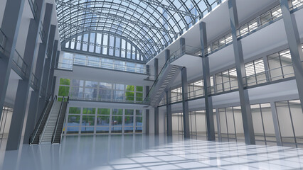 Atrium, transparent glass ceiling and glass store facades in a mall. 3d illustration