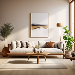 Captivating Homeliness Living Room. white color walls, sofa color is brown, wooden small table with copy space,