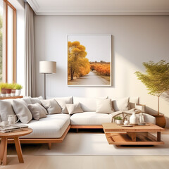 Captivating Homeliness Living Room. white color walls, sofa color is brown, wooden small table with copy space,