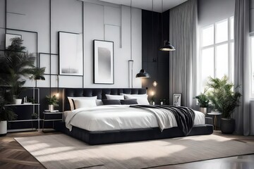 black and white bedroom interior with bed.