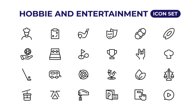 Set of outline hobbies and entertainment icons.Thin outline icons pack.