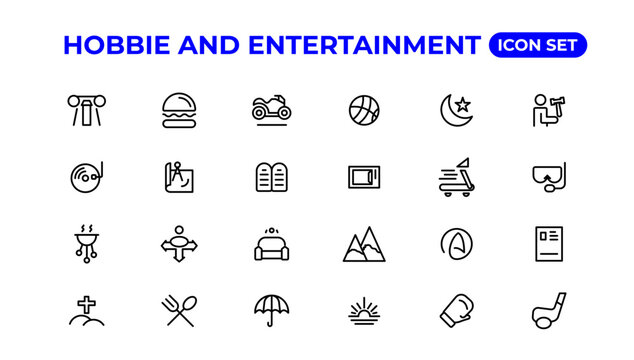 Set of outline hobbies and entertainment icons.Thin outline icons pack.