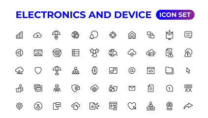 Electronics and device lines icon set. Electronic devices and gadgets, computer, equipment and electronics. Computer monitor, smartphone, tablet and laptop sumbol collection.
