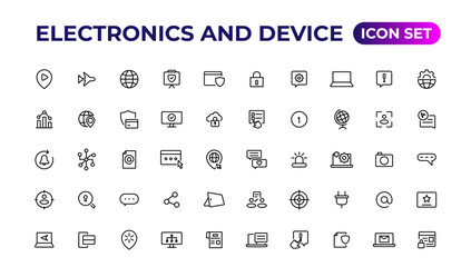 Fototapeta na wymiar Electronics and device lines icon set. Electronic devices and gadgets, computer, equipment and electronics. Computer monitor, smartphone, tablet and laptop sumbol collection.