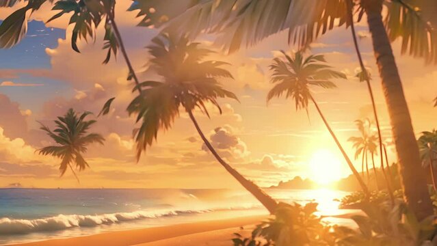 With suns rays filtering through palm fronds, beach glimmers with flecks gold, adding magical ambiance this tropical island sunset. stream overlay animation