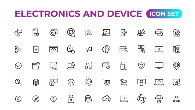 Electronics and device lines icon set. Electronic devices and gadgets, computer, equipment and electronics. Computer monitor, smartphone, tablet and laptop sumbol collection.