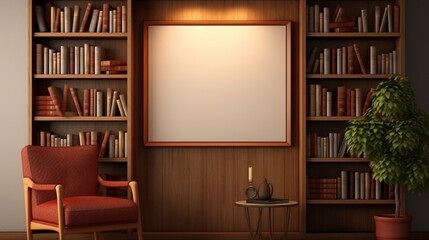 3D Mockup poster empty Blank Frame, hanging on a vintage bookshelf wall, above a bibliophile's...