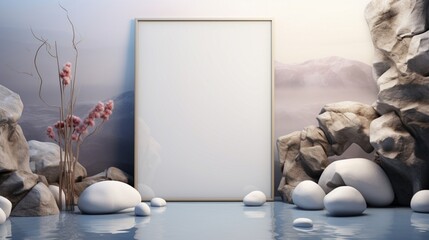 3D Mockup poster empty Blank Frame, hanging on an underwater-themed abstract background with stones, dry fruits, a vase, and a chair, above an aquatic modern display room