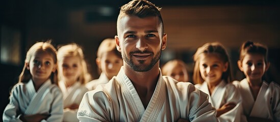 Karate kids in kimono with coach in gym. - obrazy, fototapety, plakaty