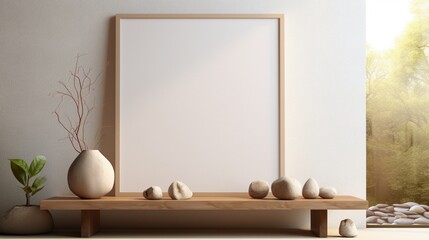 3D Mockup poster empty Blank Frame, hanging on an organic-inspired abstract wall featuring stones, dry fruits, a vase, and a chair, above a nature-themed modern display room