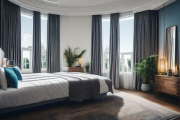 bedroom with bed in front of window and curtains at home.