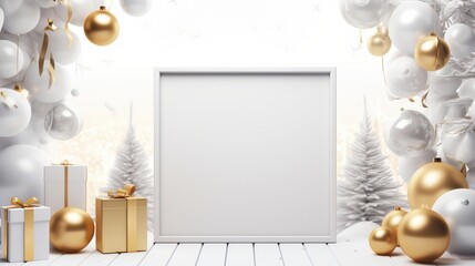 3D Mockup poster empty Blank Frame, hanging on an abstract background with silver and gold Christmas decorations on a white backdrop, above a modern winter wonderland display room